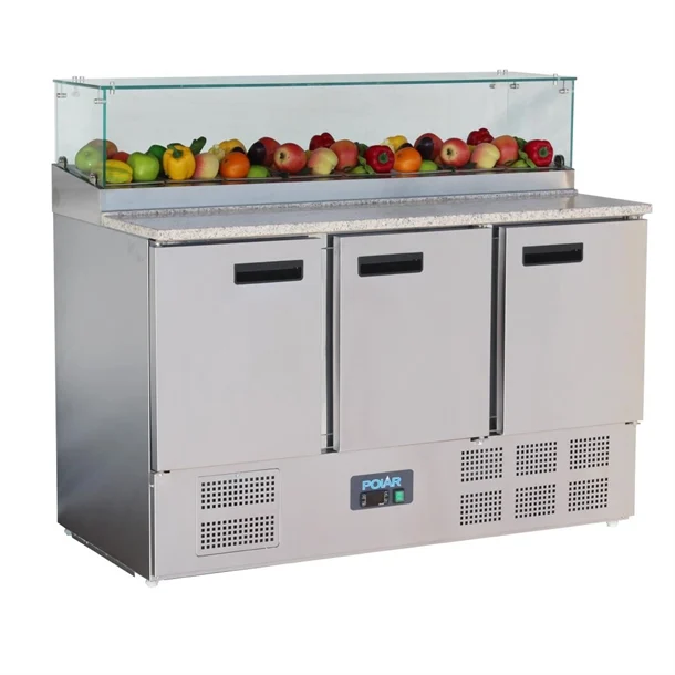 Polar G-Series 3 Door Pizza Prep Counter with Glass Sneeze Guard 444Ltr 235W. Stainless steel finish. Granite worktop. R600a